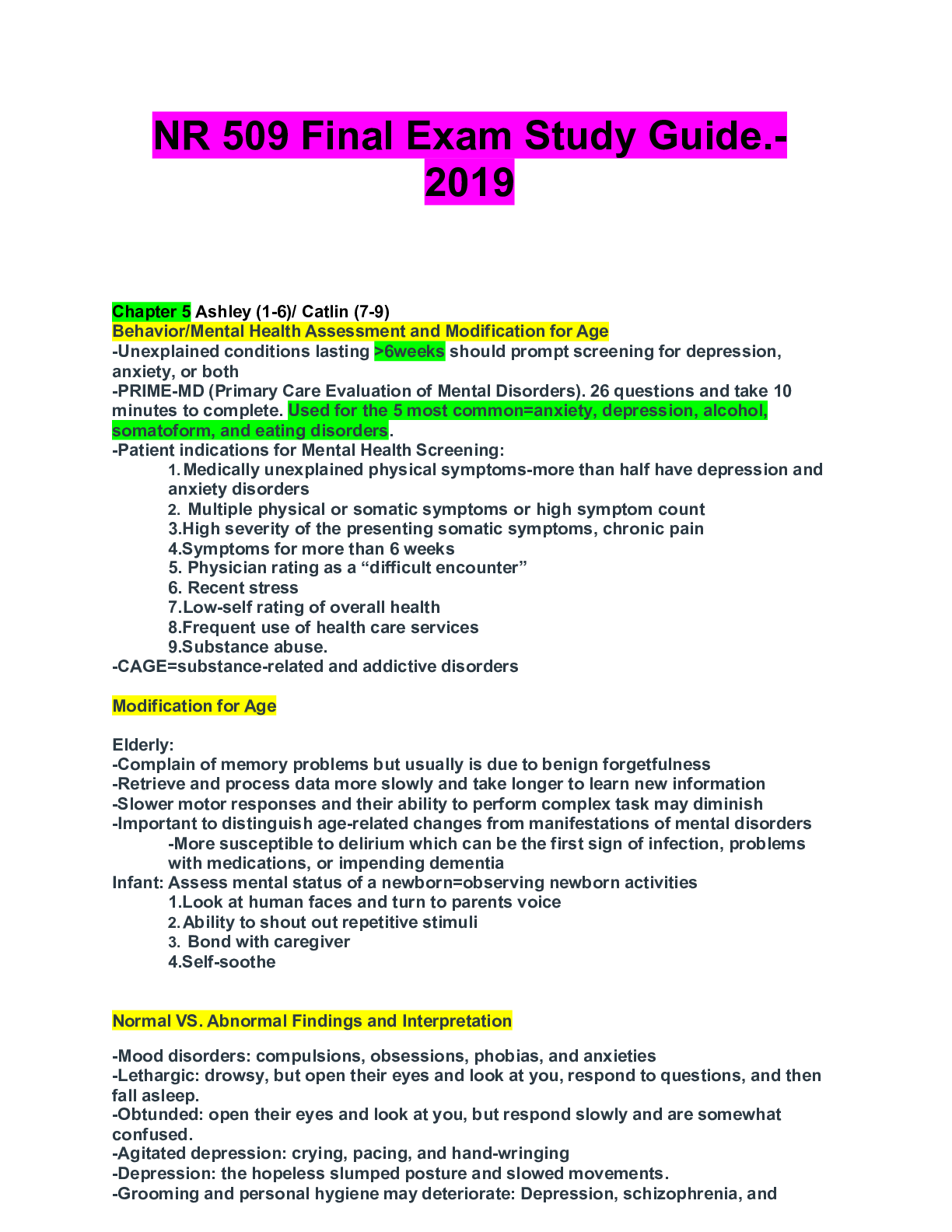 Preview image of NR 509 Final Exam Study Guide document